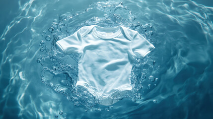 a baby shirt floating in a clear blue ocean water. The shirt appears to be in motion, with water droplets and bubbles tossed in the water. The background is a gradient from light to dark blue.