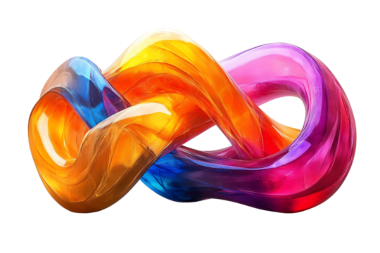 Colorful abstract infinity symbol made of glossy, intertwined shapes, showcasing vibrant hues of orange, pink, and blue against a white background.