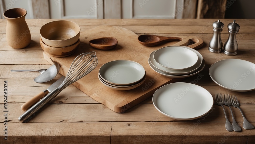 Aufkleber dining table set with various dishes and utensils arranged for a meal preparation session in a rusti