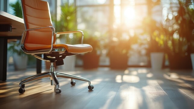 An attractive orange office chair is prominently placed against a backdrop of lush greenery, creating a refreshing contrast that embodies creativity and relaxation within a workspace.