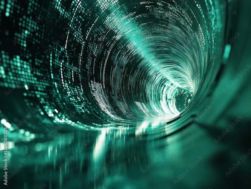 Poster abstract digital tunnel with glowing patterns and reflections