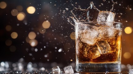 A dynamic image of whiskey splashing in a glass filled with ice cubes, capturing the refreshing nature of this beloved drink in a stunning moment of movement.