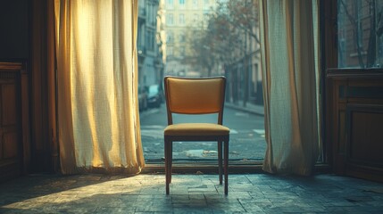 Fototapeta premium Lonely chair in abandoned room urban setting photography nostalgic mood interior view solitude theme