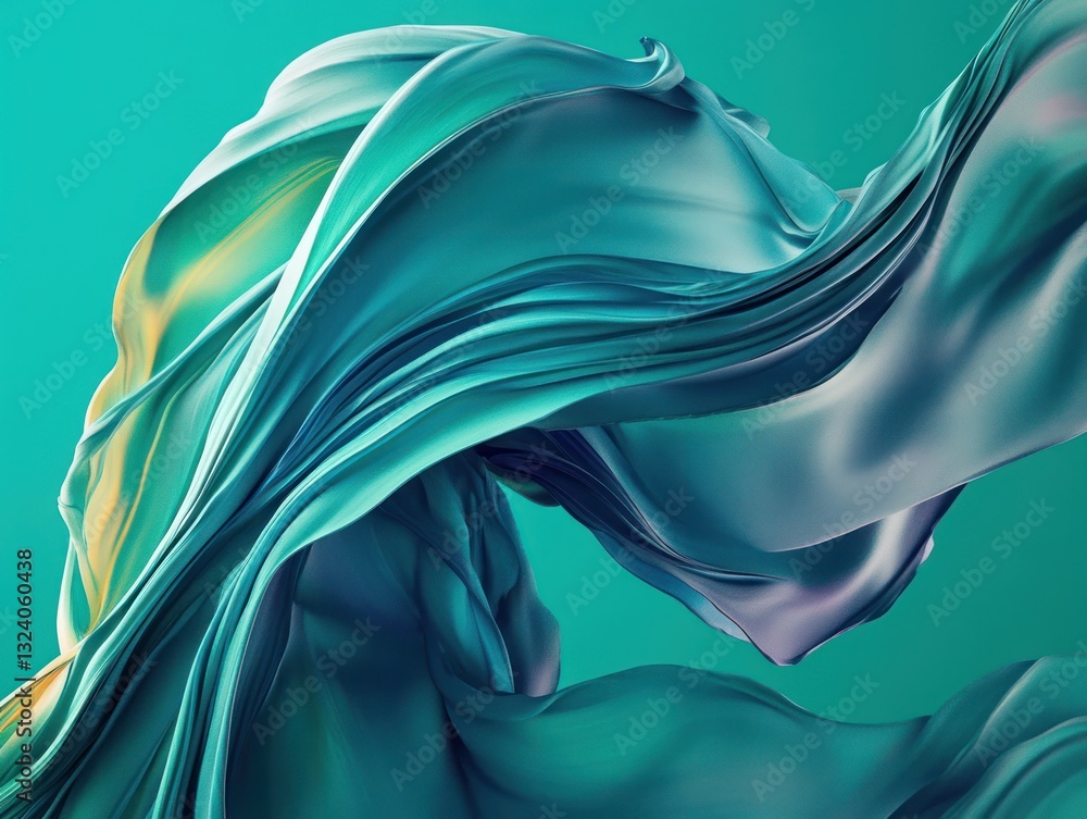 Poster flowing fabric in vibrant teal and soft hues, creating dynamic movement