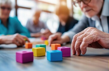 A group of older adults engages in a colorful activity with blocks, promoting social interaction and cognitive skills in a bright, welcoming space.