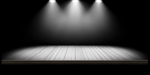 Illuminated Wooden Stage: A Dark, Dramatic Setting for Product Display