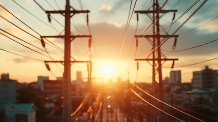 Power lines stretch across an urban skyline, beautifully silhouetted against a vibrant sunset, highlighting the intersection of nature and human infrastructure.