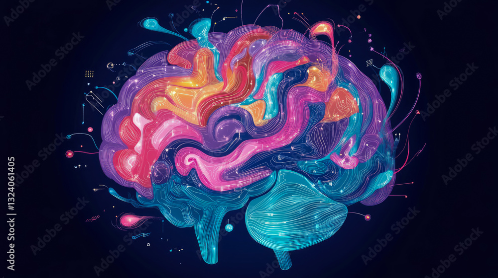 Aufkleber concept: neural networks - glowing cerebral cortex with interconnected circuits, for medicine, scien