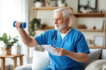 A senior man in blue scrubs exercises with a dumbbell while reviewing a clipboard, promoting health and fitness.
