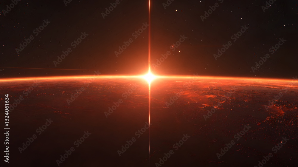 Poster a bright stellar cross illuminating a planet in deep space