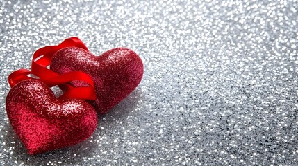 Two Hearts with Flowing Red Ribbon.