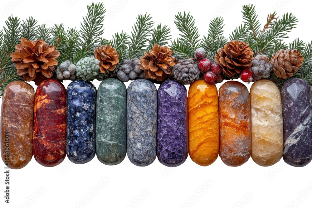 Poster colorful crystals arranged with pinecones and greenery, creating a natural and vibrant decorative di