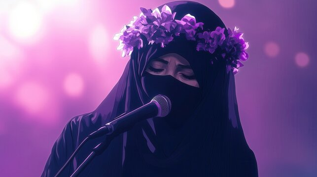 A soulful performance by a veiled female singer, immersed in deep emotion, as she sings into the microphone. A symbol of cultural expression, artistic freedom, and the power of music to transcend boun