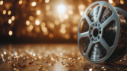 This image captures a vintage film reel positioned against a warm, shimmering bokeh background, evoking nostalgia and the golden age of cinema in an artistic composition.
