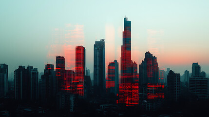 Fototapeta premium Financial crisis economy stock market. Fading city skyline with digital numbers and graphs at sunset