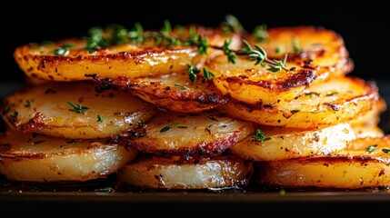 A mouthwatering display of golden, crispy roasted potatoes arranged in a beautiful stack, highlighting the enticing textures, colors, and appetizing appeal of the dish.