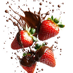 Flying Chocolate-Dipped Strawberries Splashing Isolated on Transparent Background