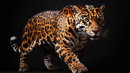 Fototapeta premium A majestic jaguar, its fur gleaming like ebony, gracefully stands majestically on a transparent backdrop, its presence exuding power and wild beauty.