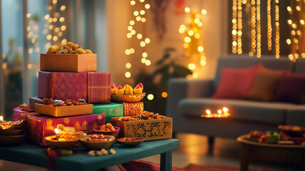 Festive Diwali Living Room with Hampers of Sweets and Gifts Amidst Glowing Lights