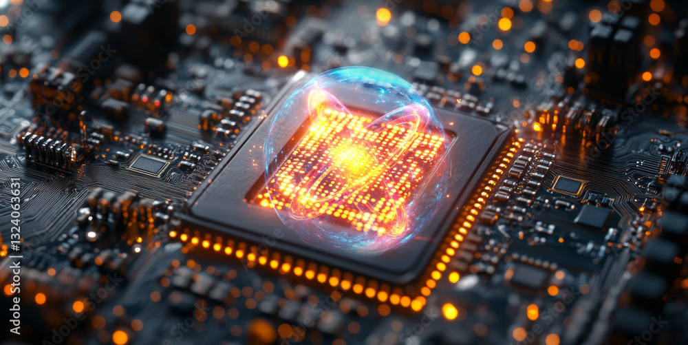 Aufkleber A quantum computing chip is illuminated by bright lights, showcasing qubits in superposition and entanglement. This intricate circuit board represents advanced algorithms and optimization techniques.