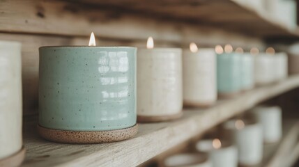 This delightful image features a row of candles, each emitting a soft, warm glow, positioned neatly on a wooden shelf, inviting a sense of calm and reflection.
