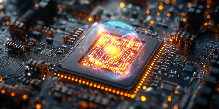A quantum computing chip is illuminated by bright lights, showcasing qubits in superposition and entanglement. This intricate circuit board represents advanced algorithms and optimization techniques.
