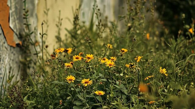 Vibrant yellow wildflowers blooming by weathered wall in overgrown garden, fowers near old abandoned building