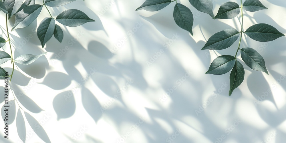 Poster delicate green leaves casting soft shadows on a light background, creating a serene and calming atmo