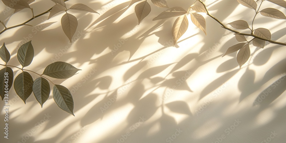 Poster delicate shadows of green leaves creating a serene atmosphere on a soft beige wall.