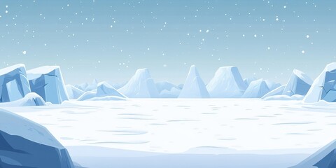 Arctic Wonderland: A serene winter landscape of snow-covered mountains and a vast, icy plain under a twilight sky.