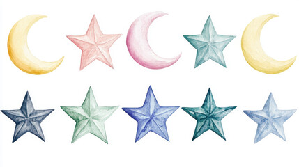 Obraz premium A beautiful watercolor illustration of pastel moons and stars, perfect for whimsical and dreamy designs.