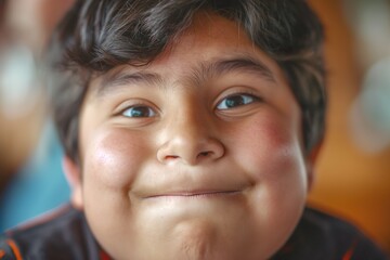 Obraz premium A cheerful young boy with dark hair smiles brightly, exuding happiness and joy.