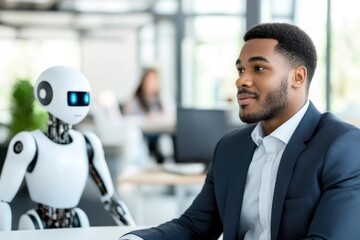 A businessman sits next to a robot in an office, in discussion or collaboration.