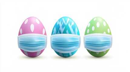 Obraz premium Happy Easter concept with a colorful Easter egg wearing a medical face mask on a white background. Holiday celebration during health precautions and safety awareness
