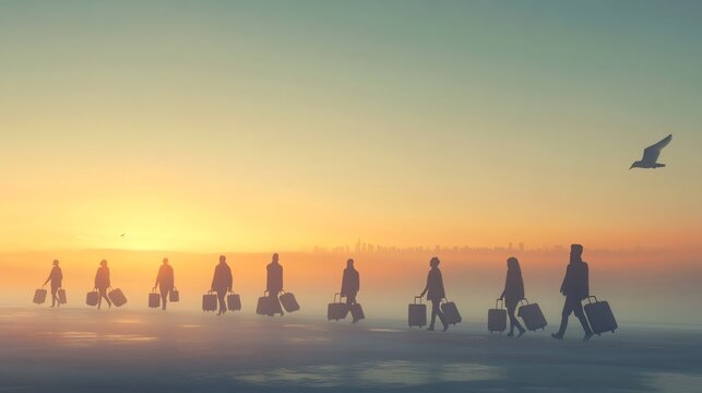 Line of Calm Travelers Pulling Suitcases Heading Towards a Distant City Under a Serene Sky. International Migrants Day - Powered by Adobe
