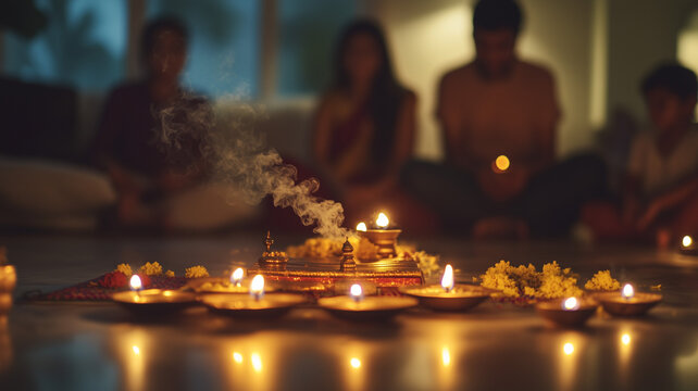 A serene family pooja ceremony at home with glowing diyas and swirling incense in a peaceful atmosphere