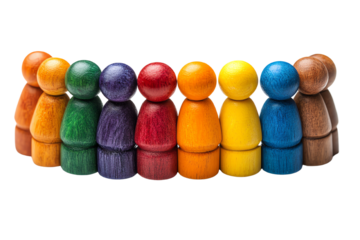 Colorful wooden figurines lined up in a row, showcasing diversity and unity, reflecting teamwork and collaboration concepts.