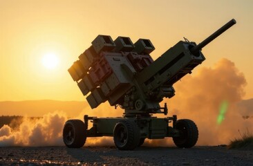 Fototapeta premium Military air defense system launching at sunset with AI technology