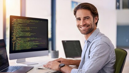 Fototapeta premium web development with smile of man in creative workplace for coding or design 