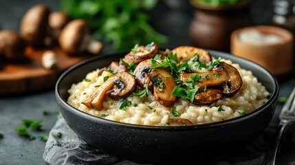 This elegant mushroom risotto features a generous topping of sautéed mushrooms and fresh herbs, representing comfort and sophistication in an Italian culinary tradition.