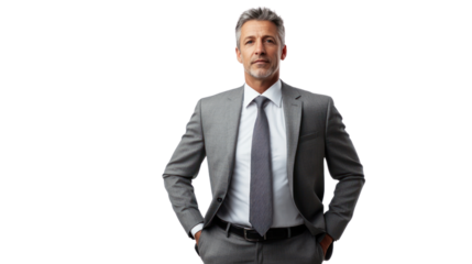 Confident businessman in a tailored suit with a proud stance, isolated on a white background, ideal for corporate or professional themes.
