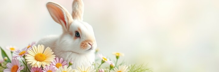 Obraz premium Easter Bunny with Spring Flowers, Blank Space for Design