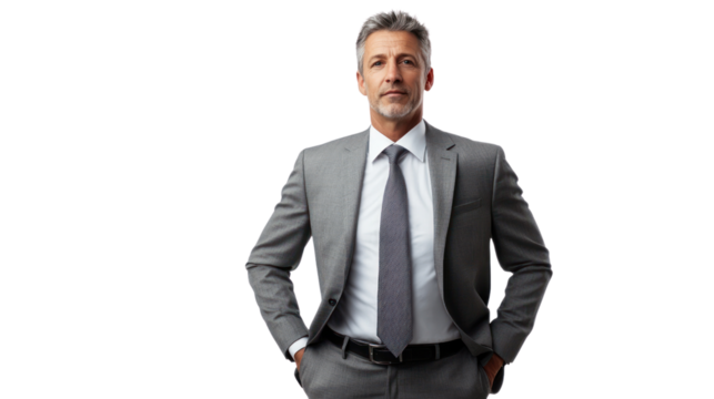 Confident businessman in a tailored suit with a proud stance, isolated on a white background, ideal for corporate or professional themes. - Powered by Adobe