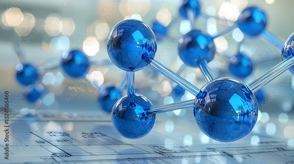 Poster blue molecule structure floating over engineering blueprint