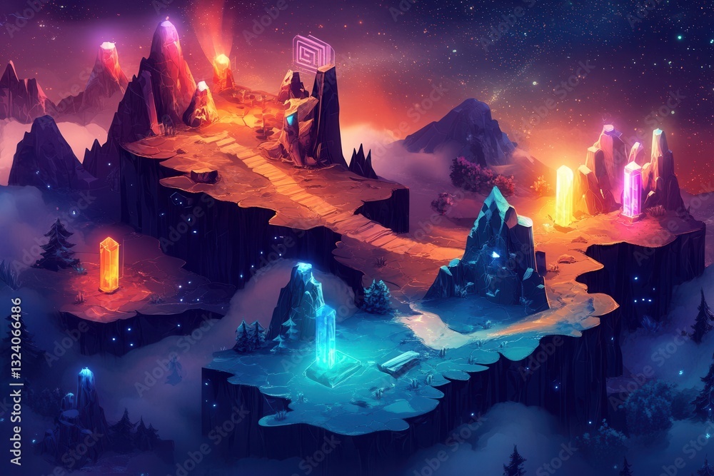 Aufkleber Exploring a colorful isometric terrain with dynamic lighting effects and 3D elements in a vibrant gaming universe