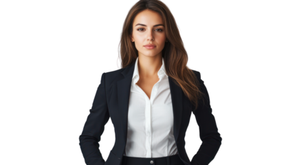Confident businesswoman in a formal suit, standing with arms crossed, exuding professionalism and leadership in a studio setting.