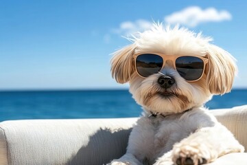 Small white dog wearing sunglasses, lounging on a beach chair by the ocean, enjoying a sunny vacation day.