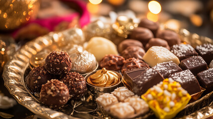 Elegant Diwali Gift Hamper with Gourmet Chocolates, Traditional Sweets, and Decorative Silverware Wrapped in Satin Ribbon