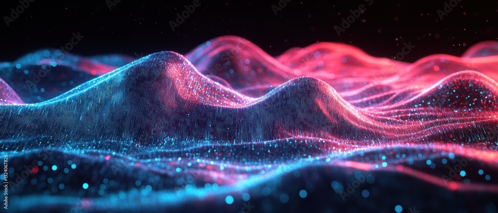 Poster abstract digital landscape with flowing waves of vibrant blue and pink light creating a mesmerizing 
