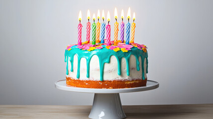 A colorful birthday cake topped with candles and decorated with icing. isolated on white background.